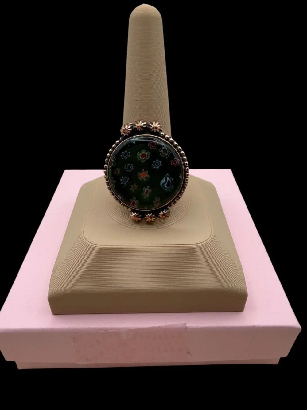 Artisan handcrafted Murano Glass Floral Millefiori Statement Ring Copper Adjust